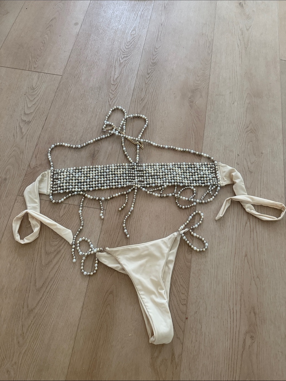 Pearl-Embellished Cream Bikini Set